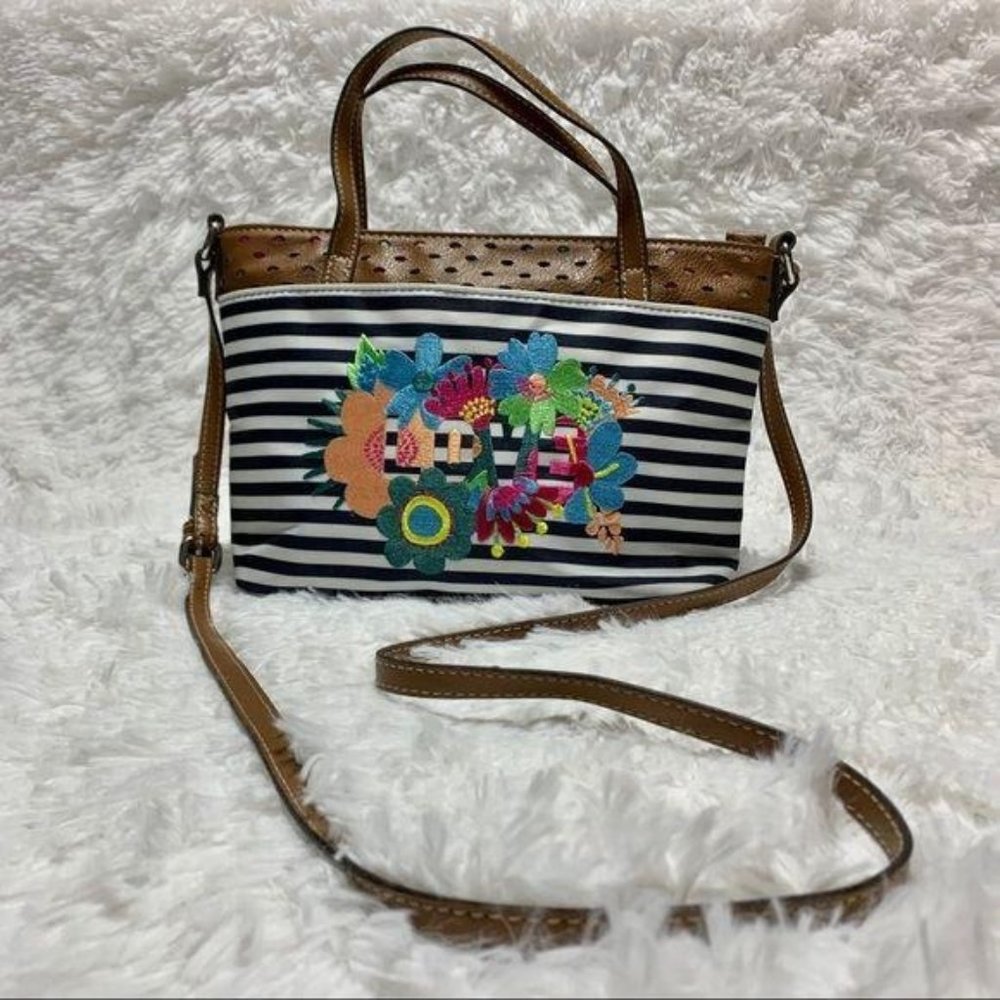 Lily Bloom Handbag Striped Embroidered Flowers